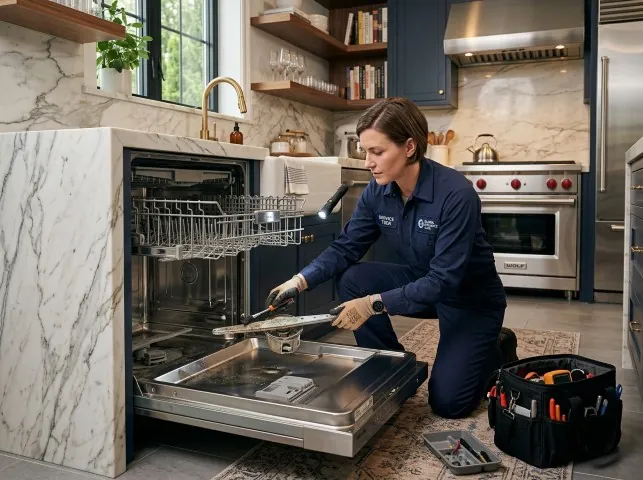 Appliance Repair Hero technician servicing a built-in dishwasher in a Amelia, OH kitchen