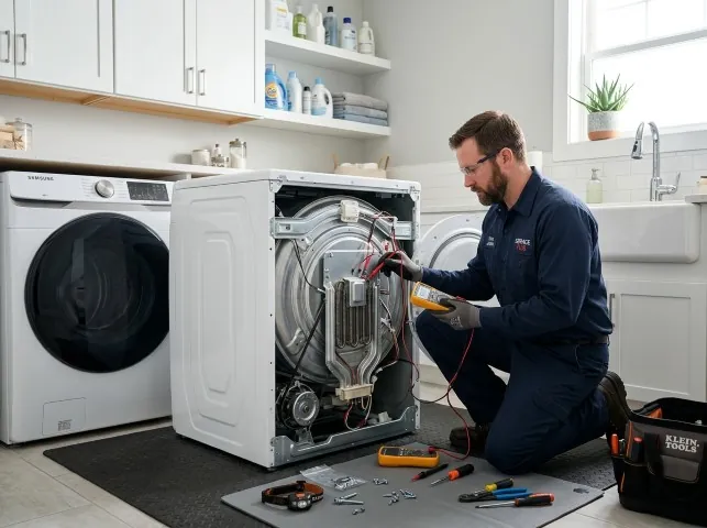 Appliance Repair Hero technician checking a dryer heating element with the rear panel off in Amelia, OH