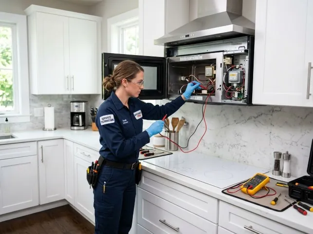 Appliance Repair Hero technician testing an over-the-range microwave in a Amelia, OH kitchen