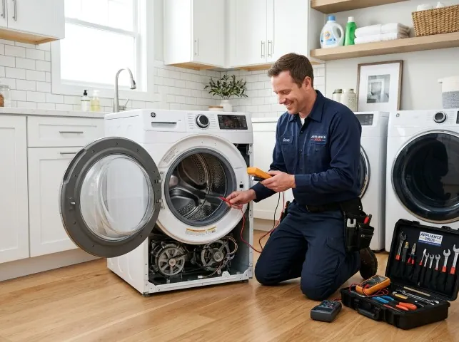 Appliance Repair Hero technician testing a front-load washer with a multimeter on a Amelia, OH service call
